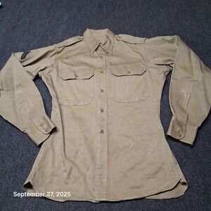 Vintage 50s Military Cotton Khaki Point Collar Button Down Shirt Size Medium